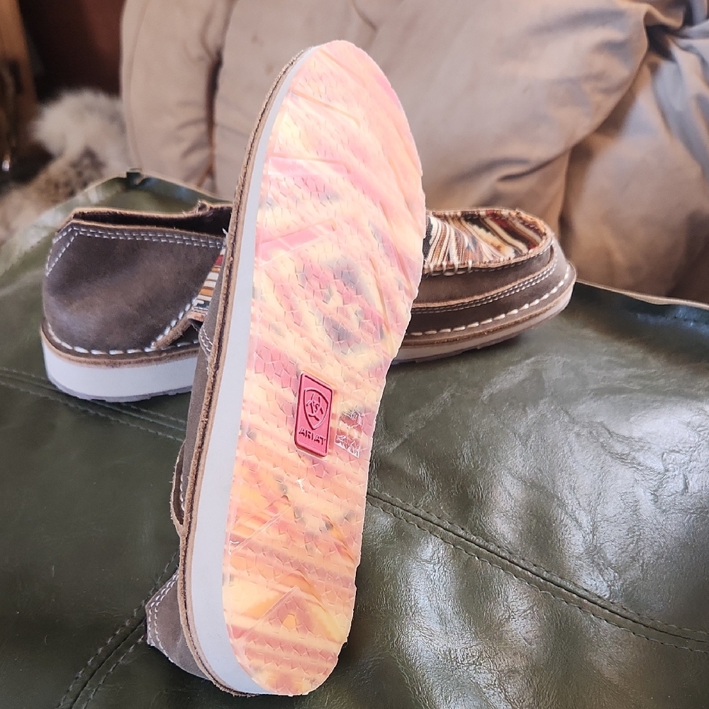Ariat Brown Suede Slip-On Moccasins with Multicolor Southwestern Fabric - Picture 3 of 3